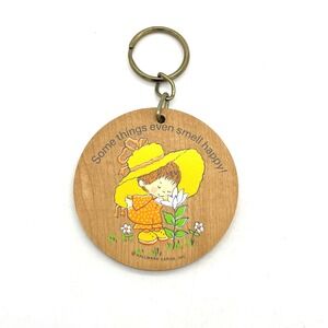 Hallmark Cards Inc Vintage Wooden Keychain Little Girl Smelling Flower Whimsical